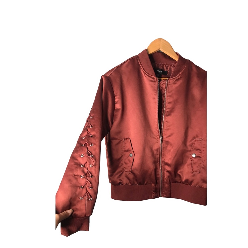 Forever 21 | Maroon satin bomber jacket lace up sleeves and back statement coat - Picture 7 of 11